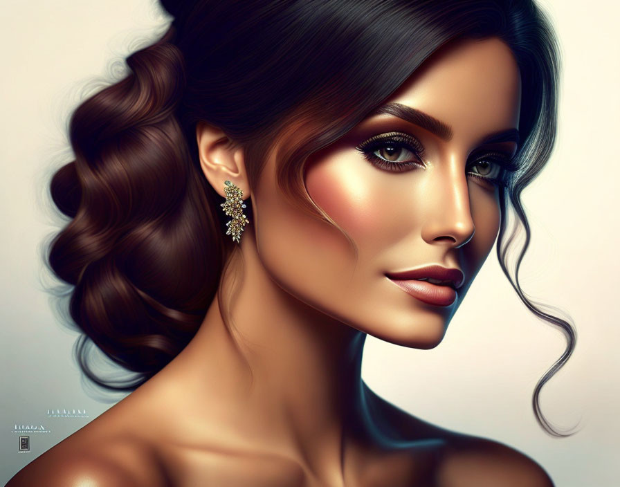 Elegant woman in digital portrait with side bun hairstyle