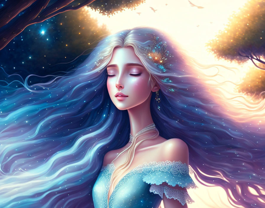 Fantasy illustration of woman with flowing blue hair under celestial tree