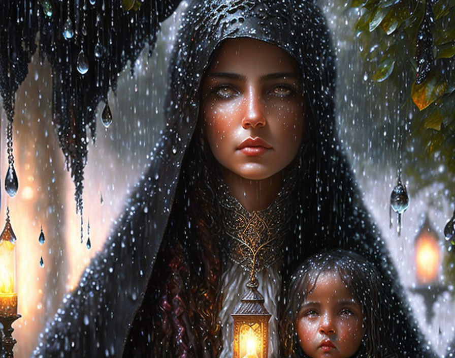 Woman and child under canopy with lanterns in mystical rain scene.