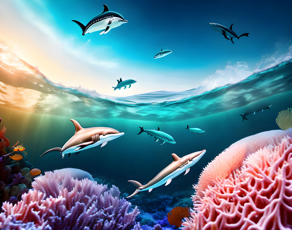 Colorful Coral Reefs with Leaping Dolphins in Vibrant Underwater Scene