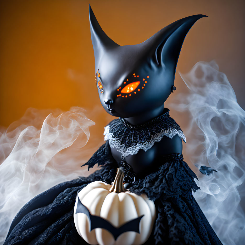 Stylized Cat-Headed Figure with Glowing Eyes and Pumpkin Bouquet