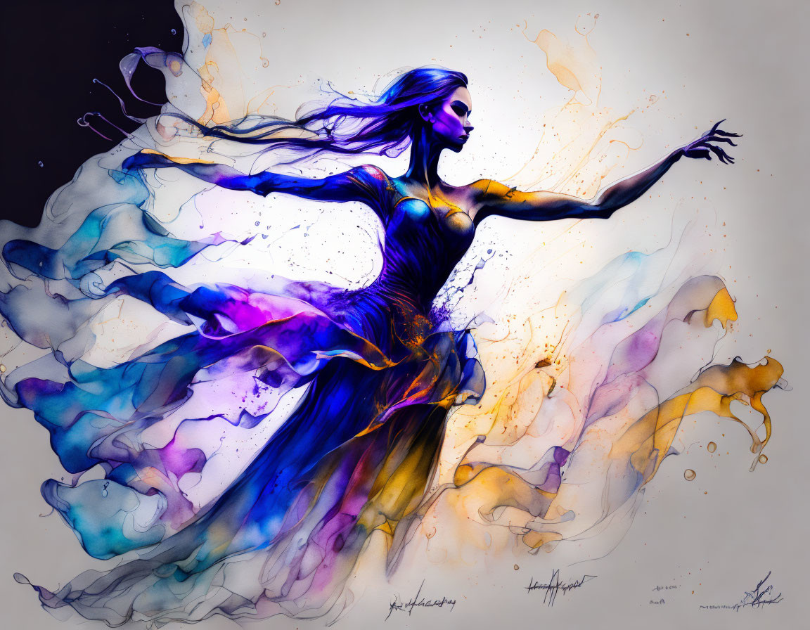 Colorful Artwork: Stylized Female Figure in Flowing Dress with Abstract Blue and Purple Splash