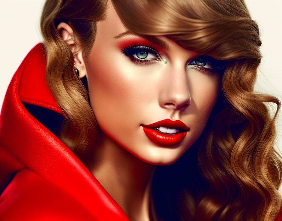 Portrait of woman with red lipstick, defined eye makeup, and wavy hair in red garment