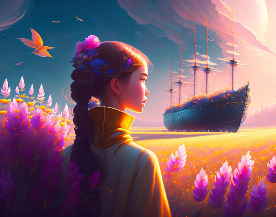 Contemplative girl with flowers in braid gazes at surreal ship above vibrant flower field