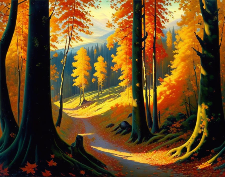 Scenic autumn forest path with golden trees and fallen leaves