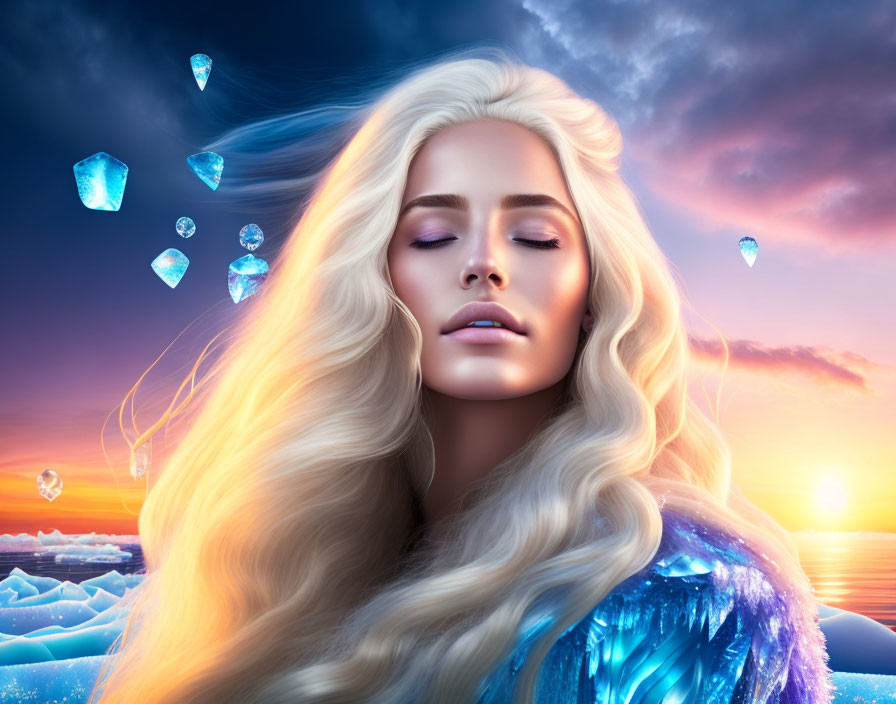 Blonde woman surrounded by crystals in icy landscape with sunset sky