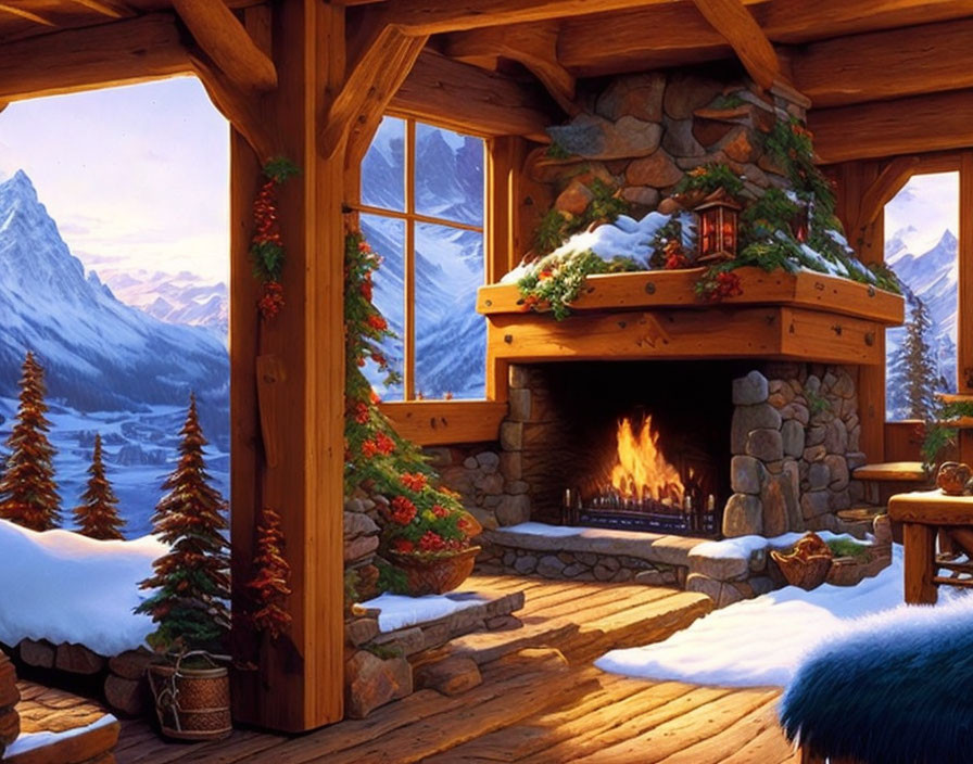 Rustic cabin interior with fireplace, snow views.