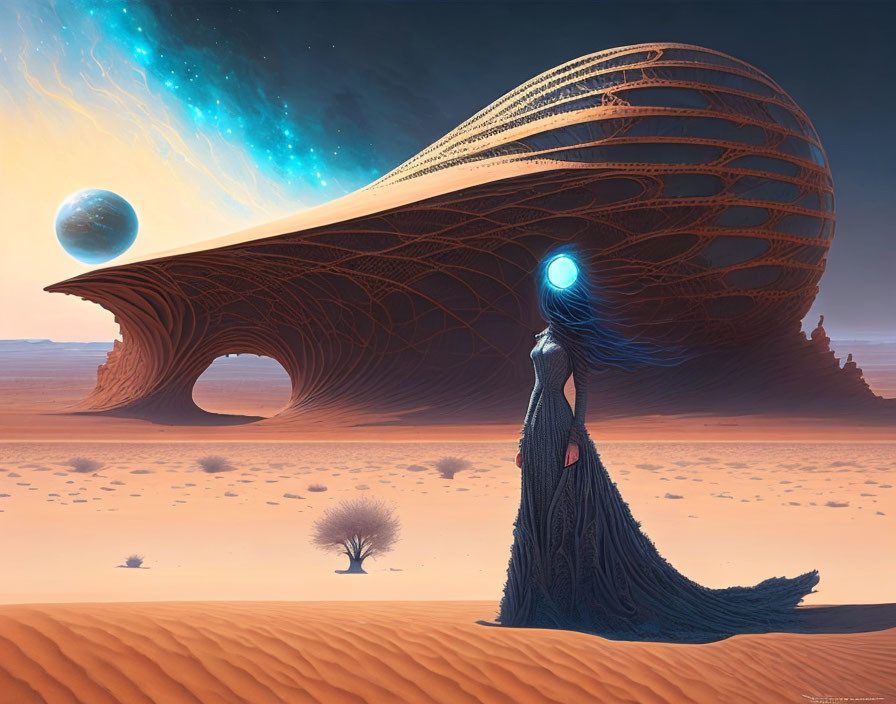 Robed figure with glowing blue head in desert landscape with ribbed structure and distant planet.