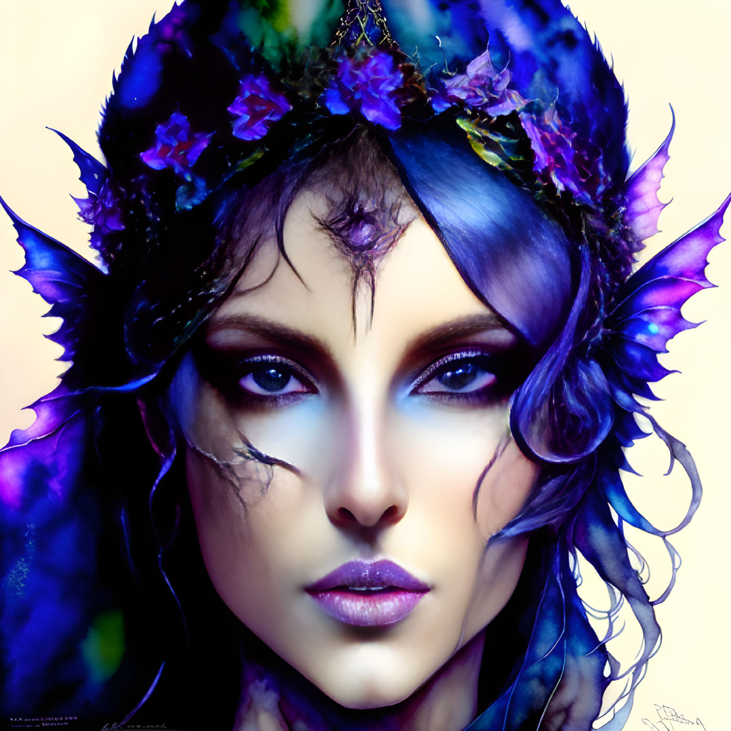 Fantasy Digital Artwork: Blue-Skinned Figure with Floral Crown