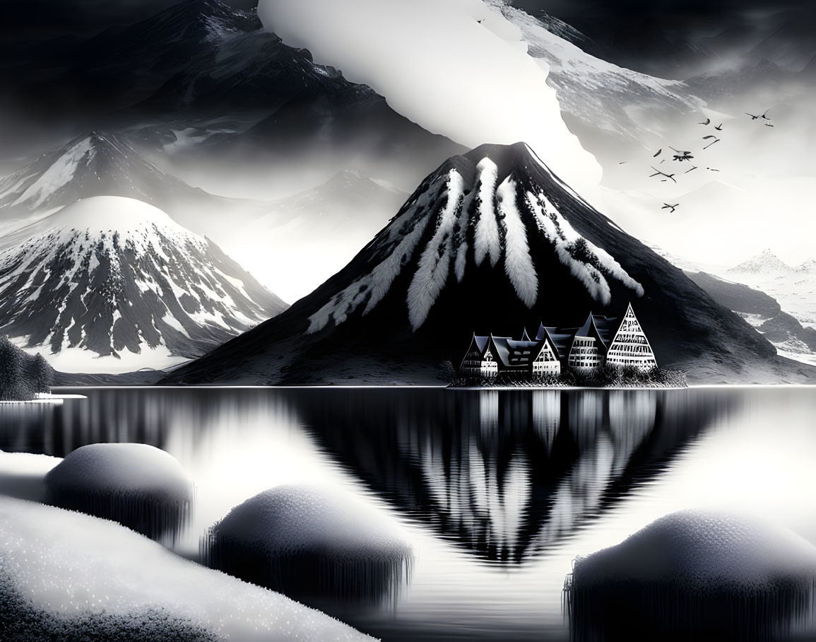 Snowy mountains, triangular houses, reflective lake, rocks, and birds in monochrome landscape