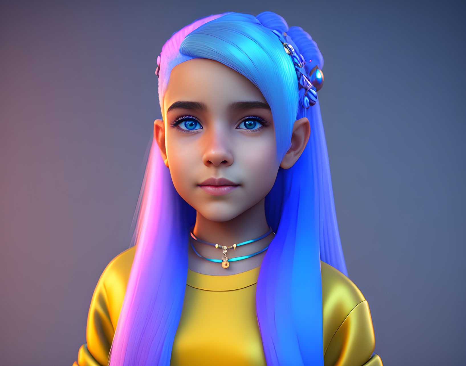 Vibrant 3D illustration of girl with blue and purple hair and yellow top