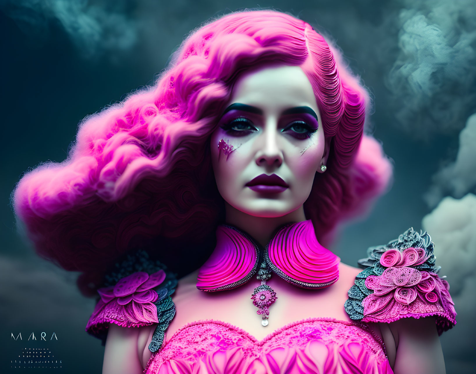 Vibrant pink hair and makeup woman with ruffled collar in misty setting