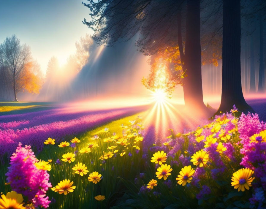 Vibrant yellow and purple flowers in misty forest at sunrise