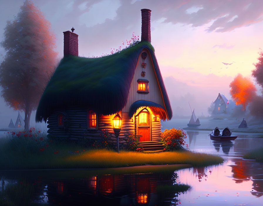 Thatched-Roof Cottage by Serene Lake at Dusk