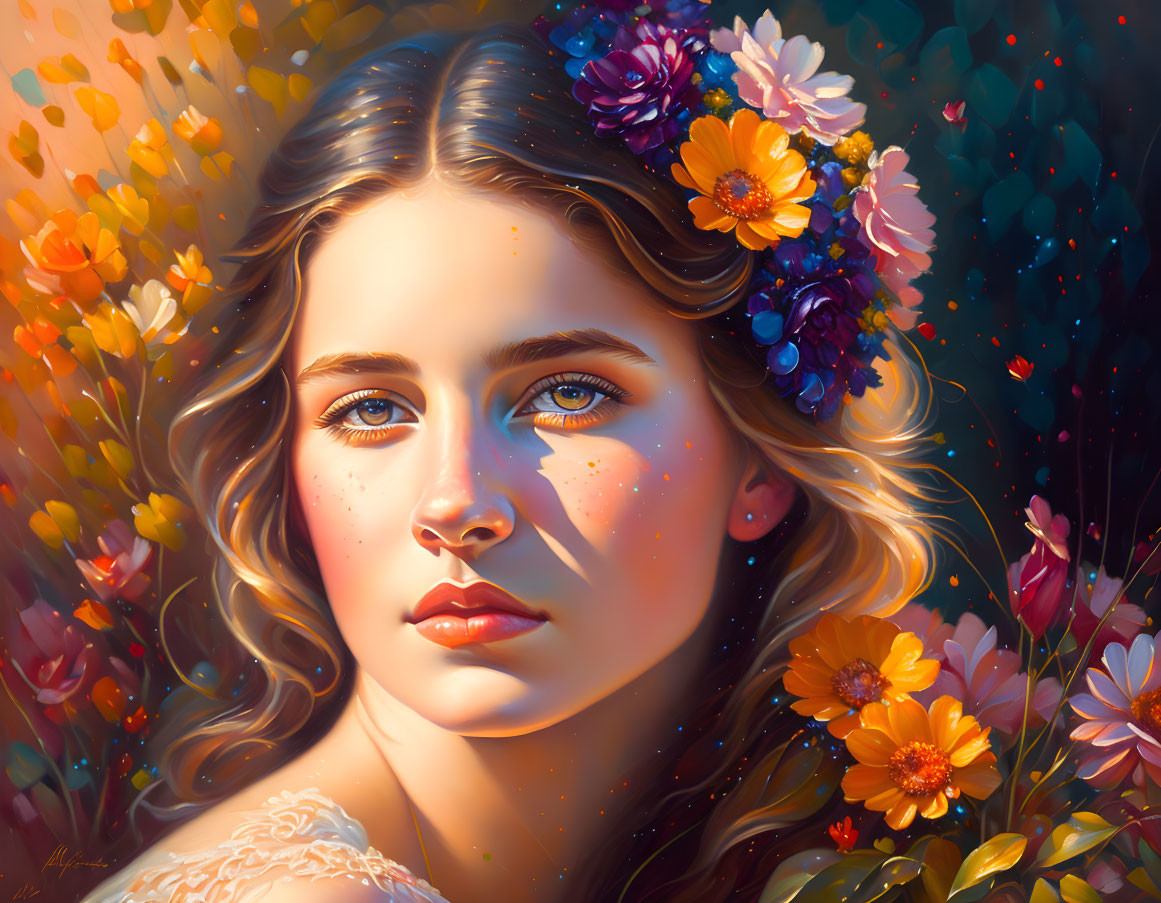 Detailed portrait of woman with floral headpiece and colorful flowers, soft features and warm glow