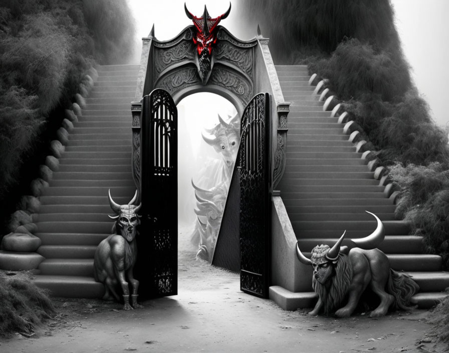 Fantasy monochrome art: ornate gate, red dragon head, ghostly figures, bulls in