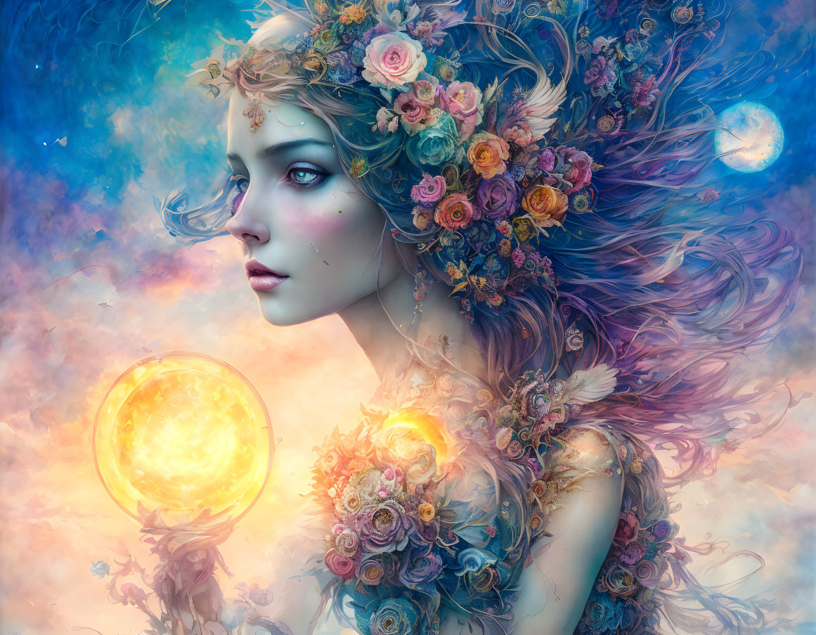 Fantasy illustration of woman with floral hair adornments and glowing orb in surreal setting