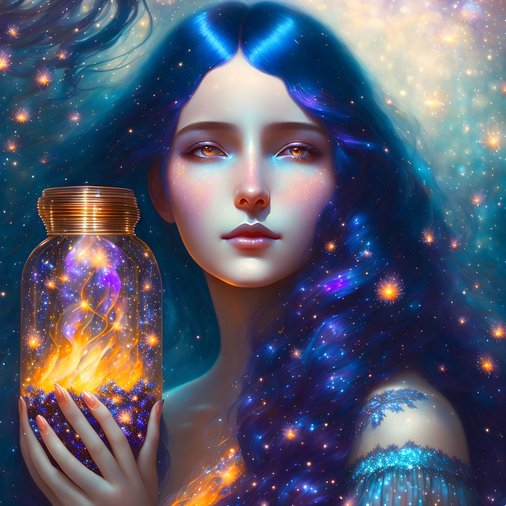 Blue-haired woman holding jar of galaxies in cosmic setting