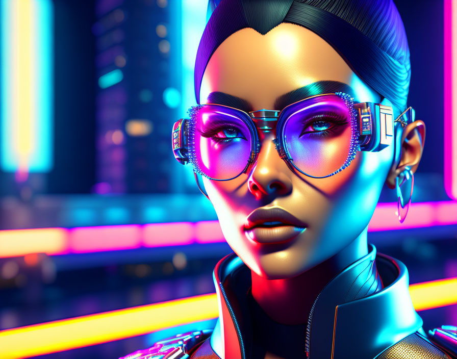 Digital art portrait: Woman in futuristic sunglasses and earrings against neon-lit cityscape