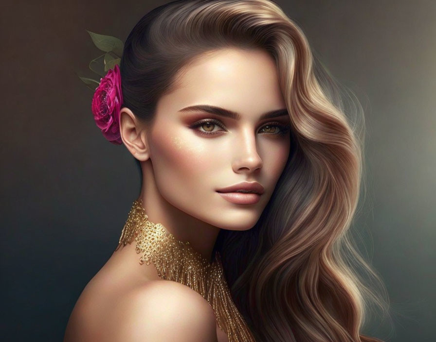 Woman with flawless skin and long wavy hair, adorned with pink flower and golden shoulder accessory