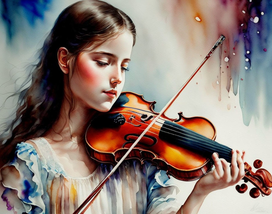 Young girl playing violin with vibrant watercolor background