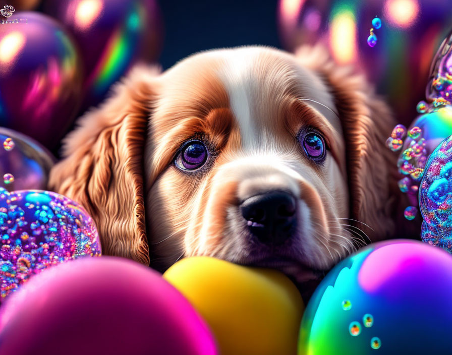 Colorful Puppy Surrounded by Iridescent Bubbles and Spheres