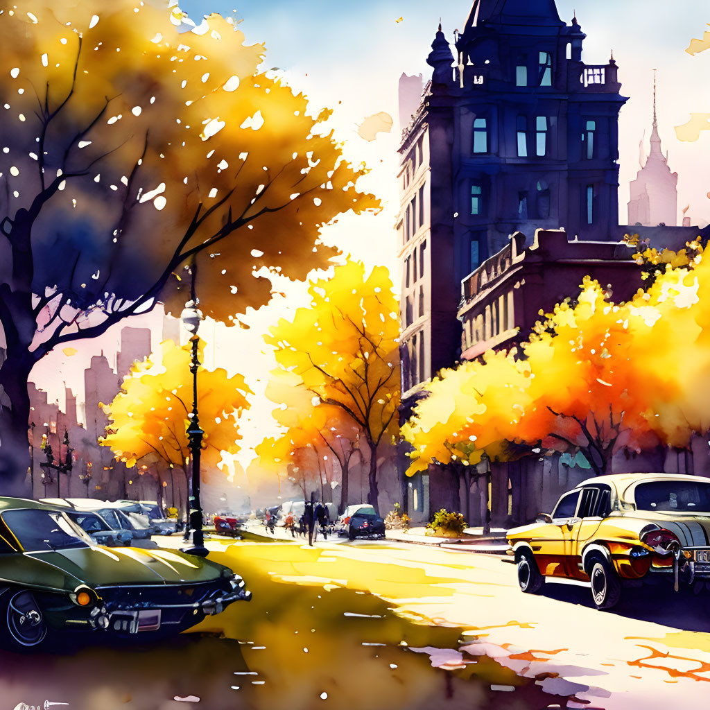 Autumn cityscape watercolor with trees, cars, and pedestrians