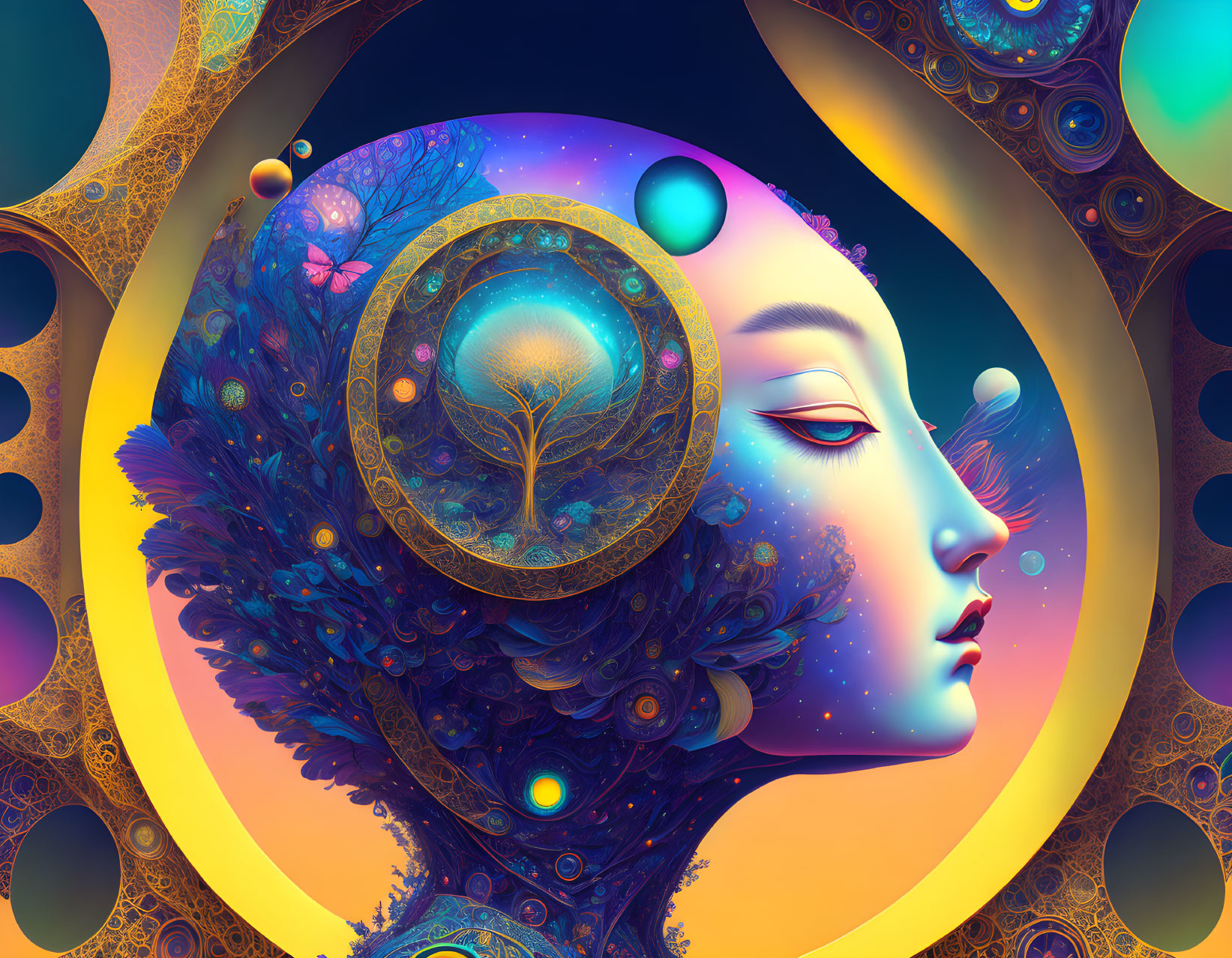 Surreal female profile image with peacock feathers and cosmic elements