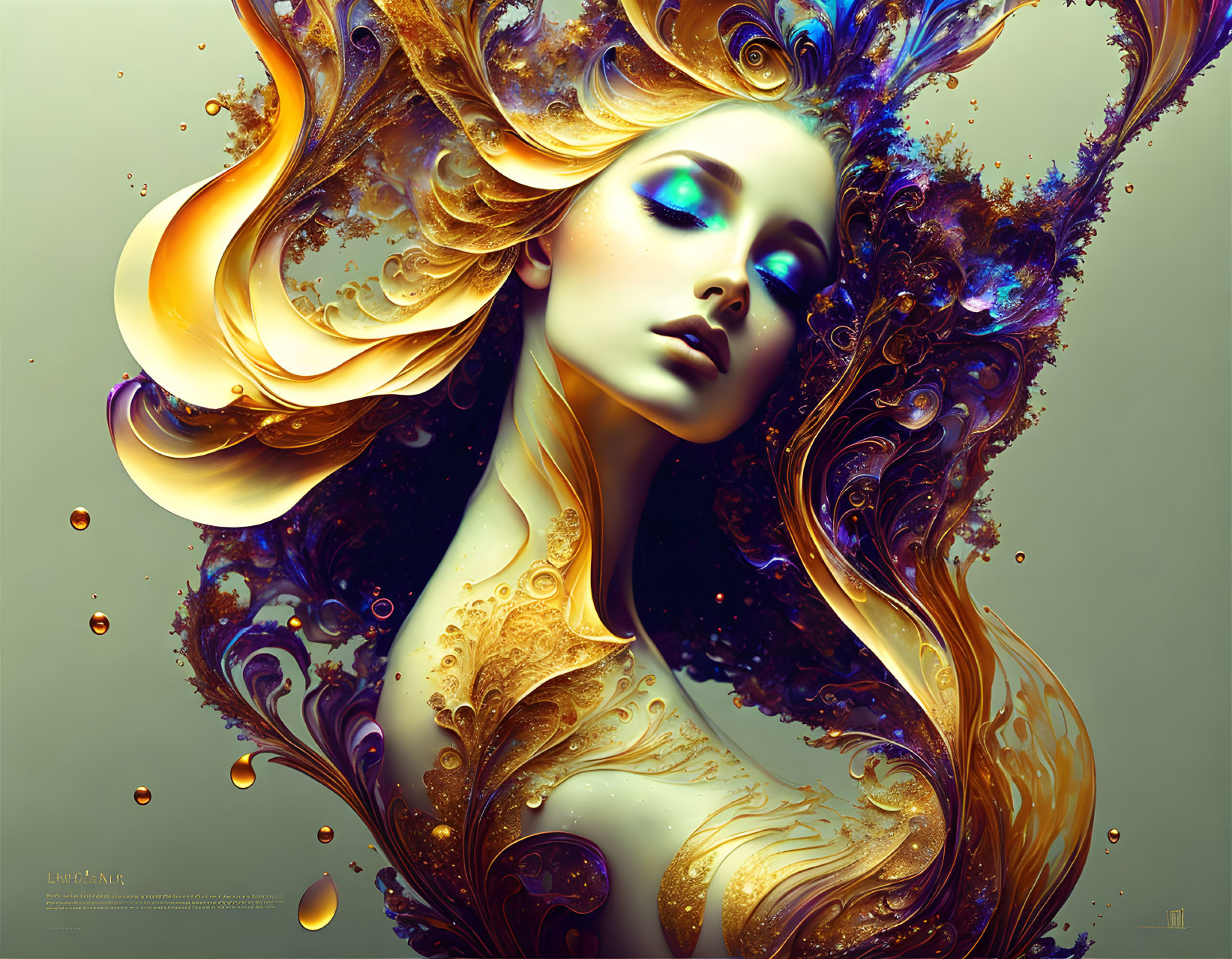 Vibrant digital artwork: Woman with golden hair, teal background