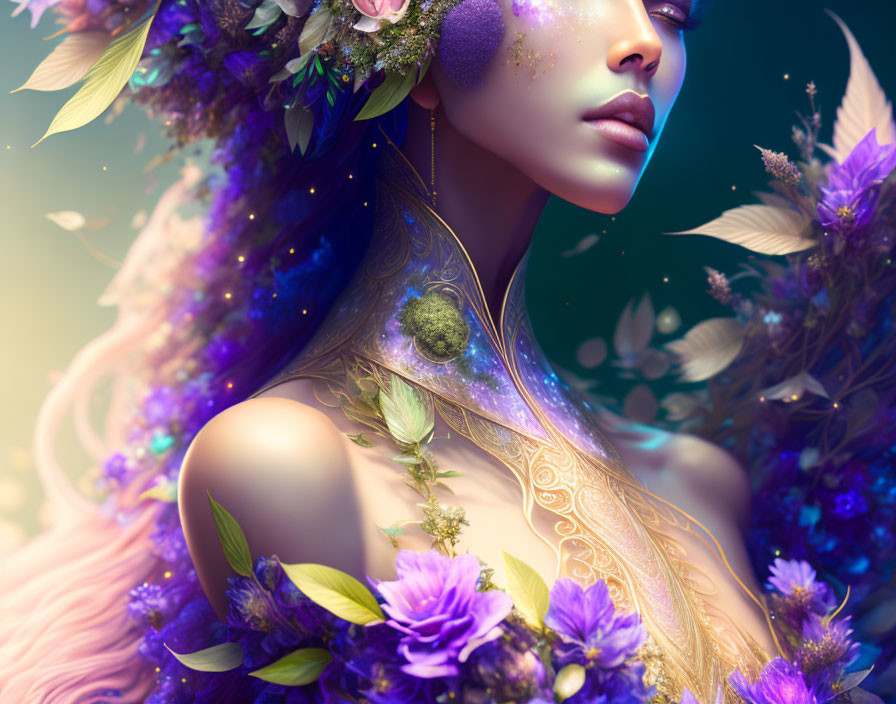 Fantasy digital artwork: female figure with floral hair, cosmic patterns, green, purple, and gold