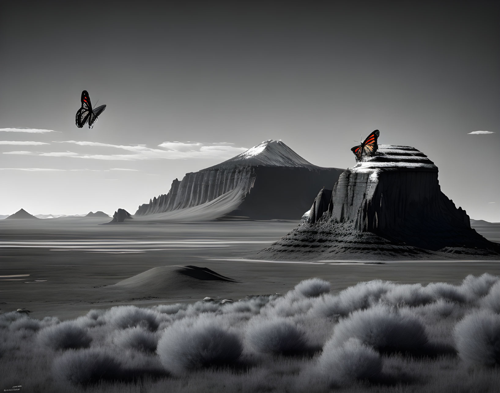 Monochromatic landscape with large butterflies over desolate mountains