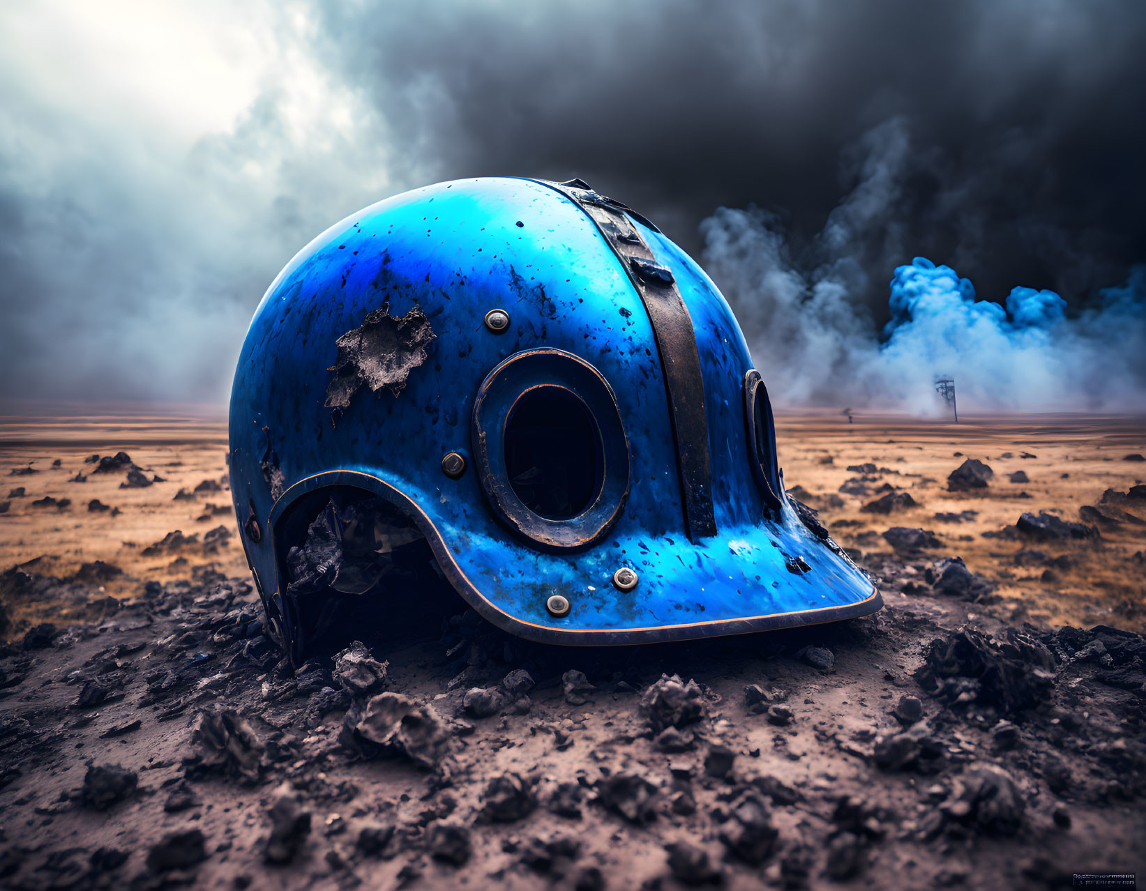 Abandoned blue astronaut helmet in dark, muddy terrain