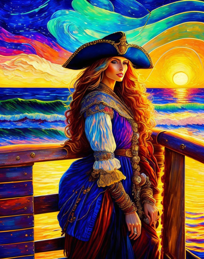 Woman in pirate attire by wooden railing with Van Gogh-style background