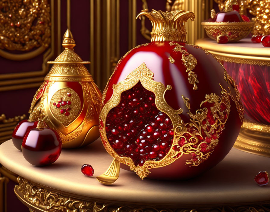 Elegant red and gold pomegranate-themed decor on burgundy backdrop