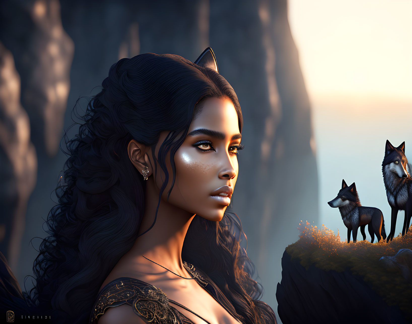 Digital art portrait: Woman with cat-like ears, ornate tattoos, wolves, sunset, cliffs