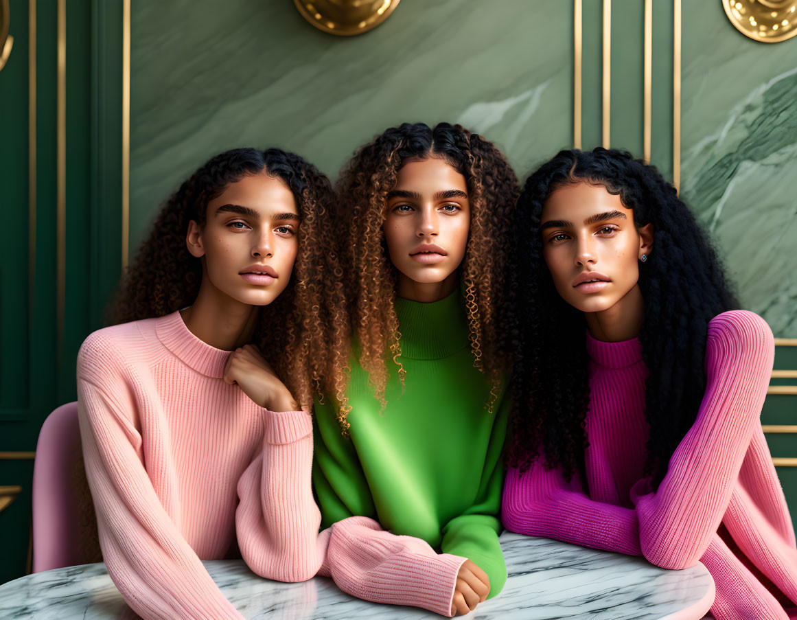 Three people with curly hair in pink and green tops posing in front of green wall with gold trim.