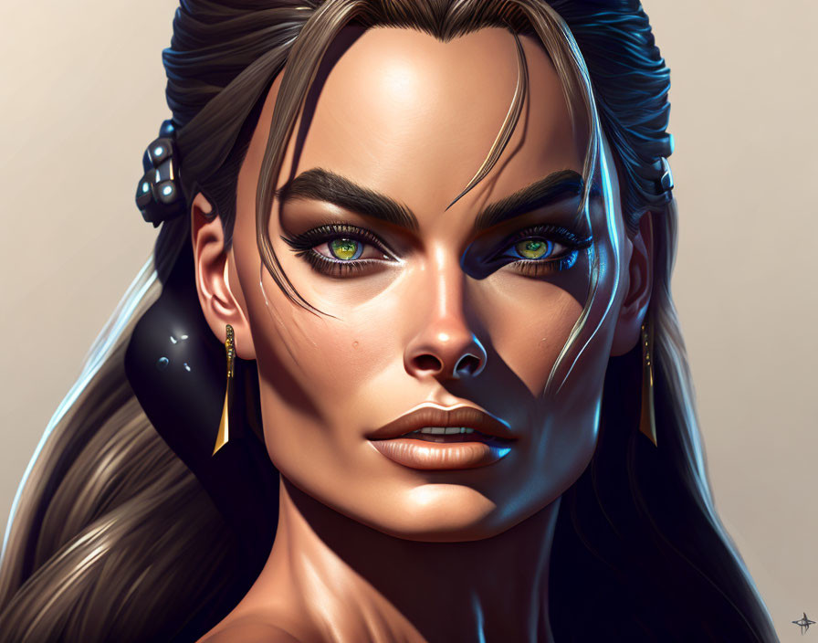 Woman illustration: green eyes, long brown hair, earrings, strong gaze