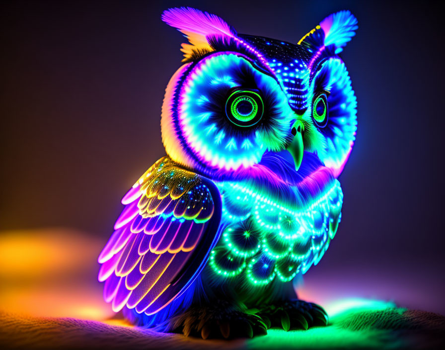 Colorful Owl Figurine Glowing in Neon Blues, Purples, and Greens