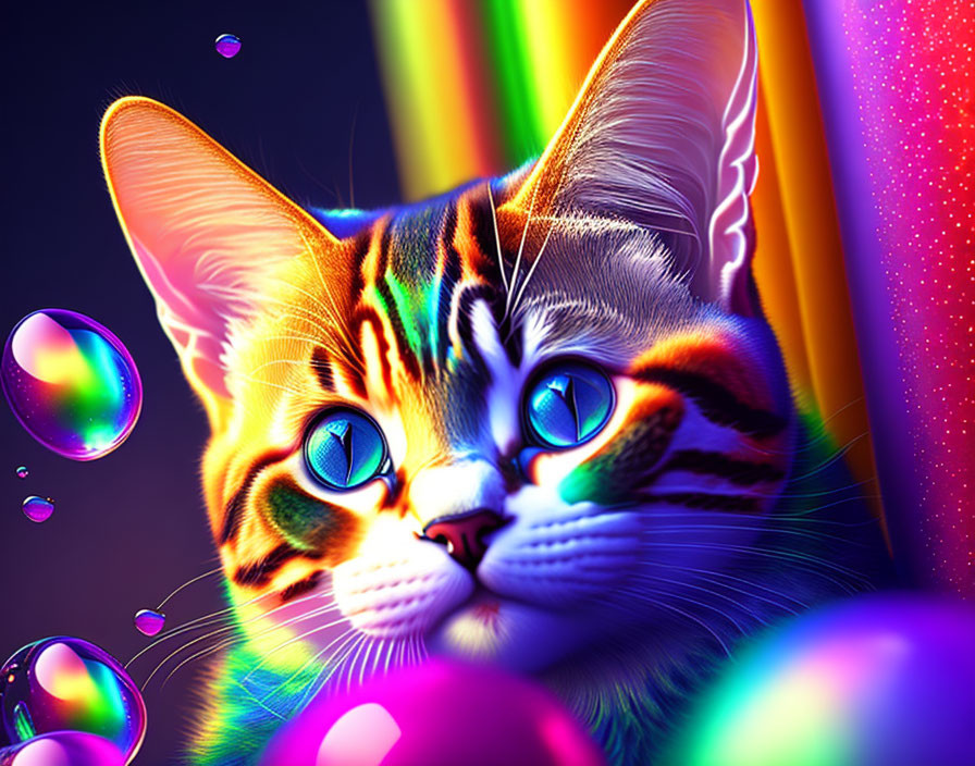 Colorful Cat Illustration with Rainbow Fur and Blue Eyes