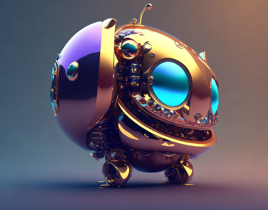 Steampunk-style spherical robot with gold and chrome details on soft-lit background