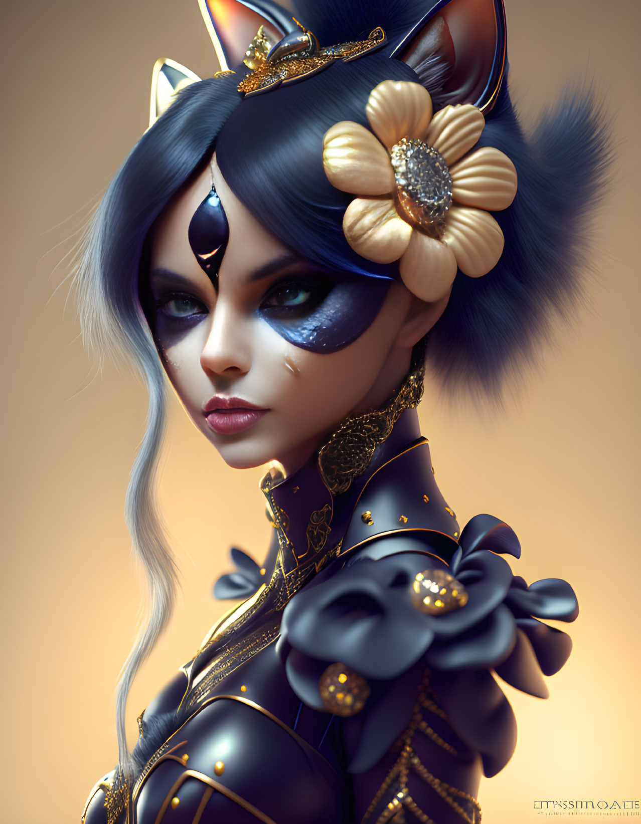 Anthropomorphic feline character with blue-black hair and regal navy outfit.