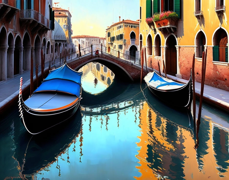 Historic cityscape: Two gondolas, colorful buildings, bridge reflections