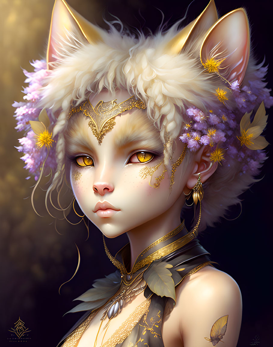 Illustration of humanoid figure with feline features and gold jewelry, adorned with purple flowers and intricate facial