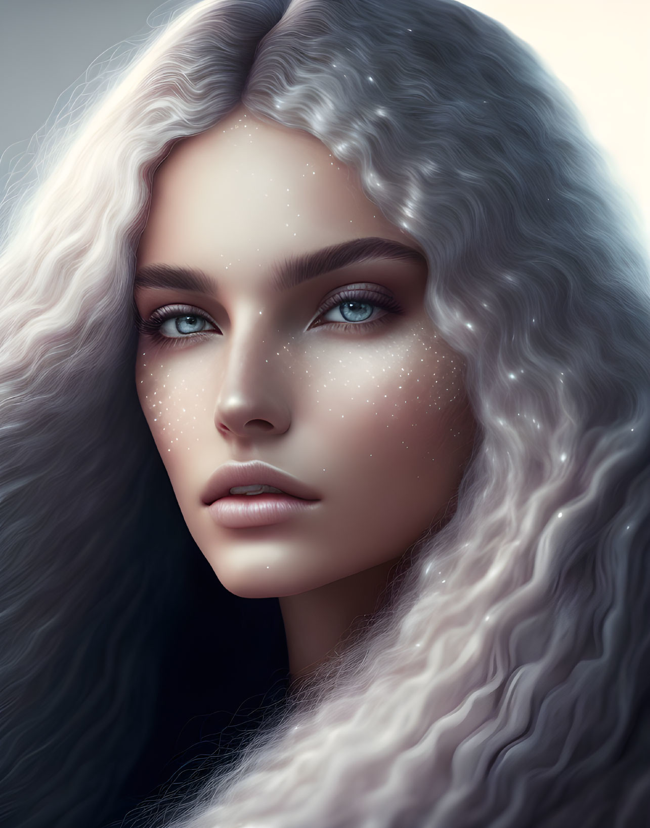 Portrait of Woman with Blue Eyes, Ombre Hair, and Star-like Freckles