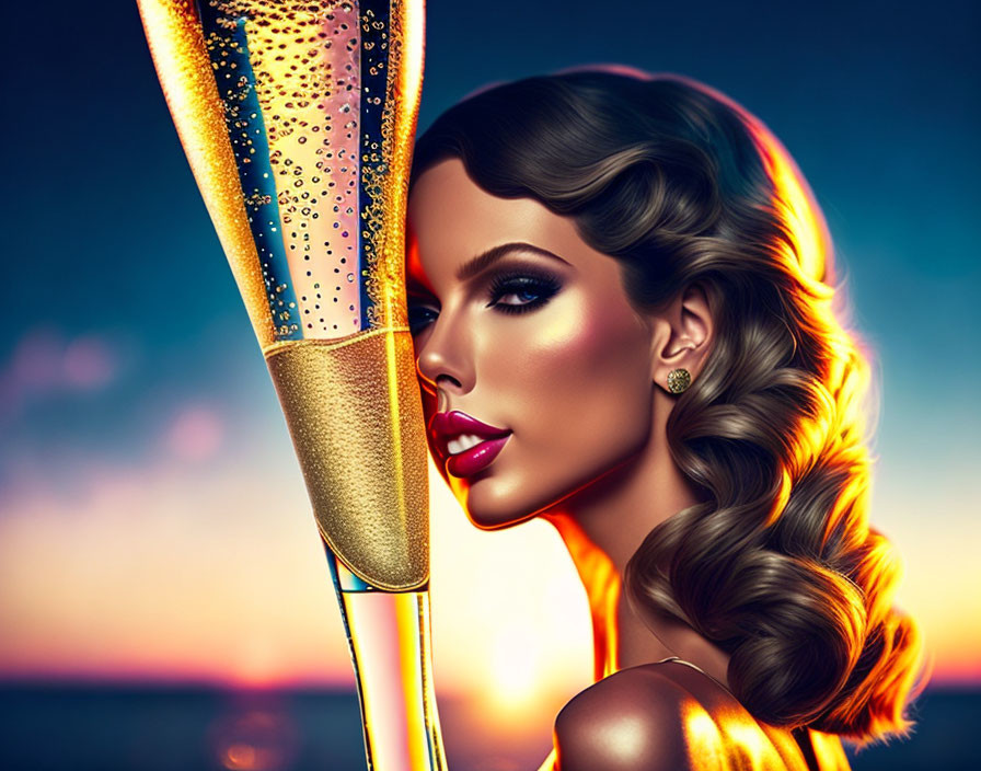 Stylized woman with wavy hair and champagne glass by ocean sunset