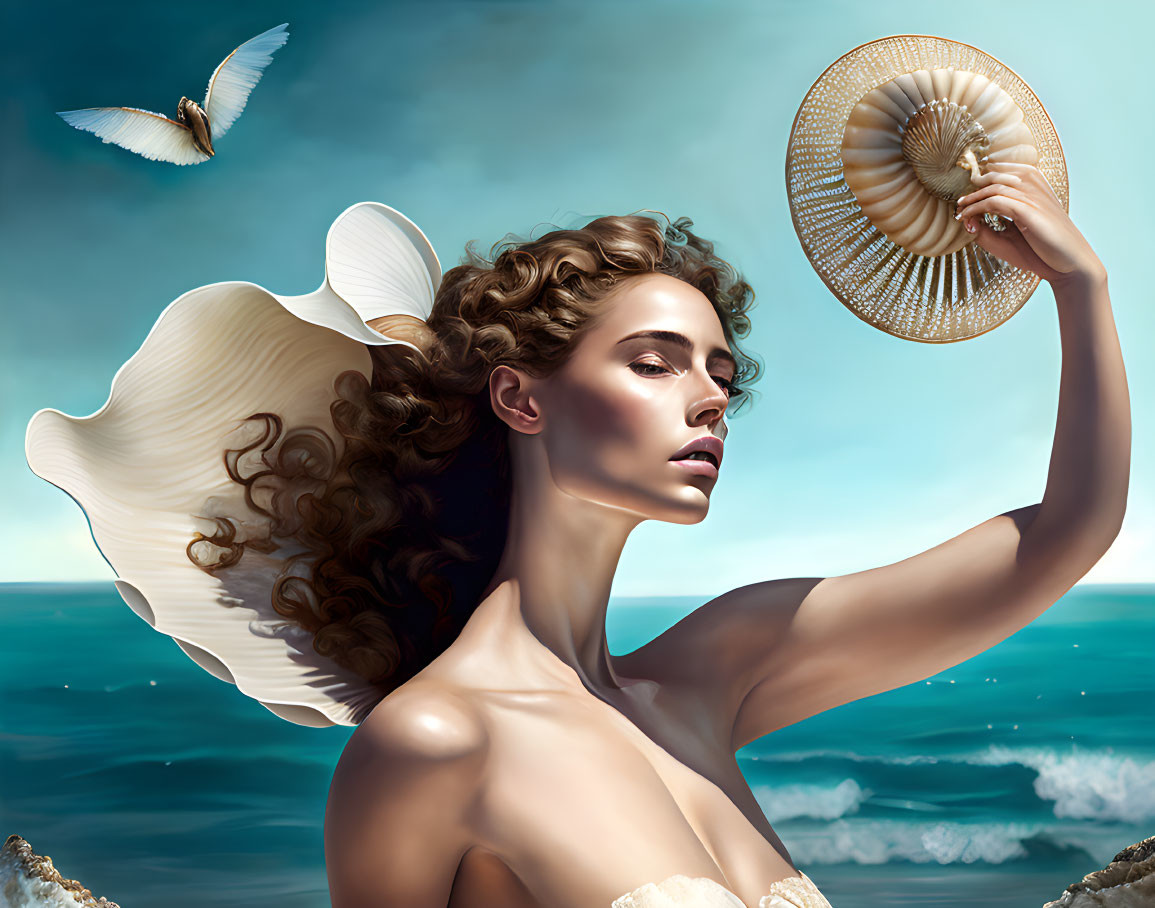 Illustrated woman with seashell accessories by the ocean.