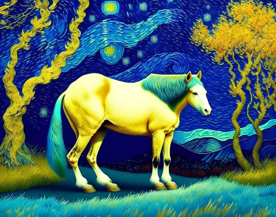 Cream-Colored Horse in Starry Night-Inspired Background