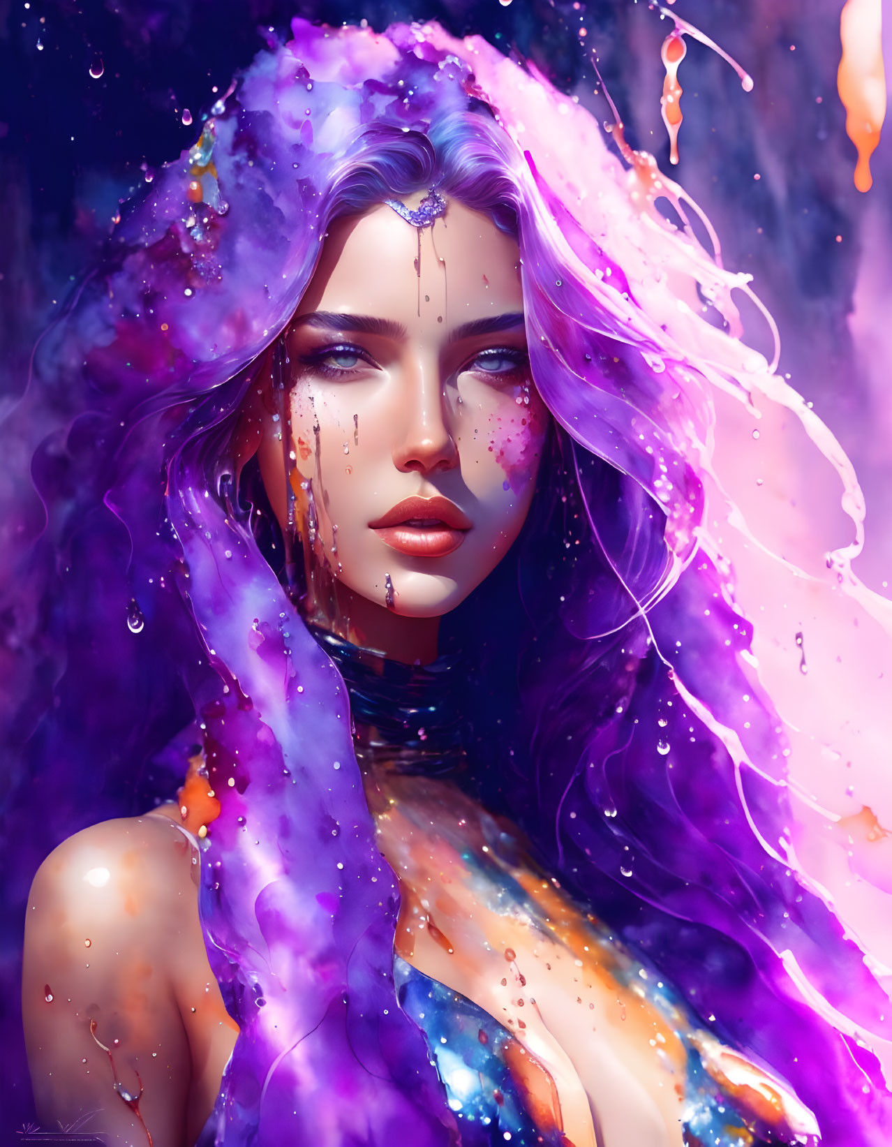 Vibrant woman with purple and magenta hair in cosmic setting