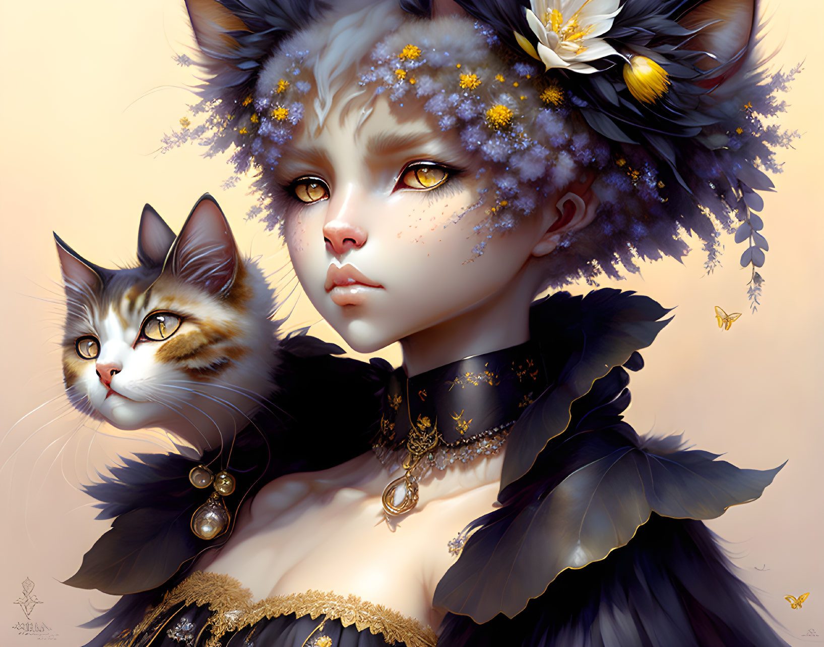 Digital artwork featuring girl with cat ears and cat in fancy collars and gold accents against warm backdrop