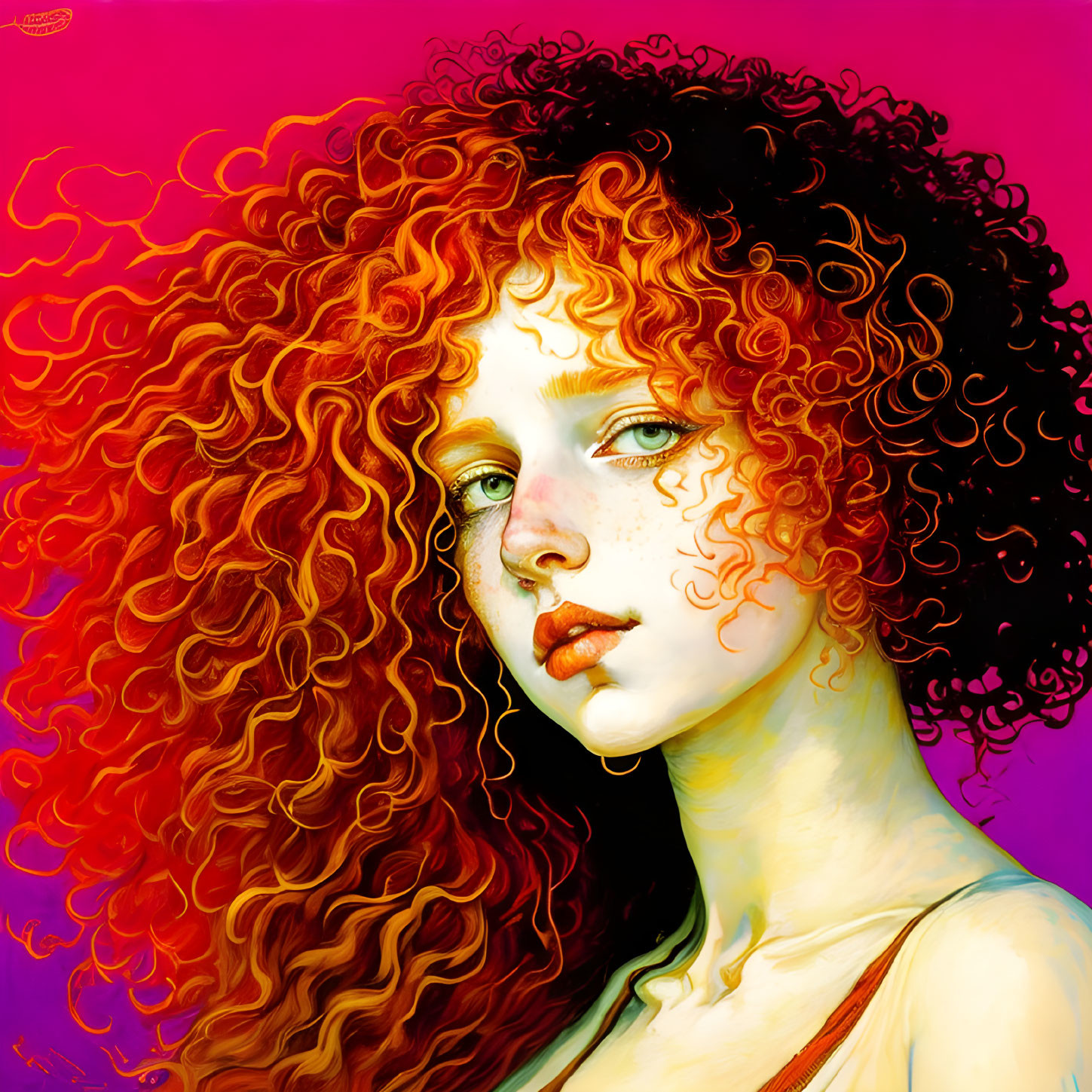 Illustration of woman with voluminous red hair on pink and yellow background